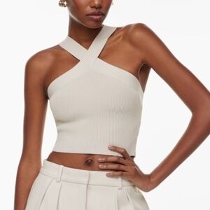 Aritzia Babaton Ivory Ribbed Cross-Strap Crop Top